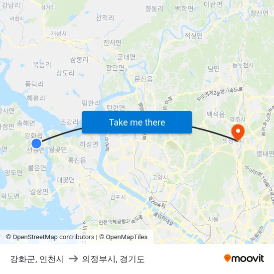 강화군, 인천시 to 의정부시, 경기도 map