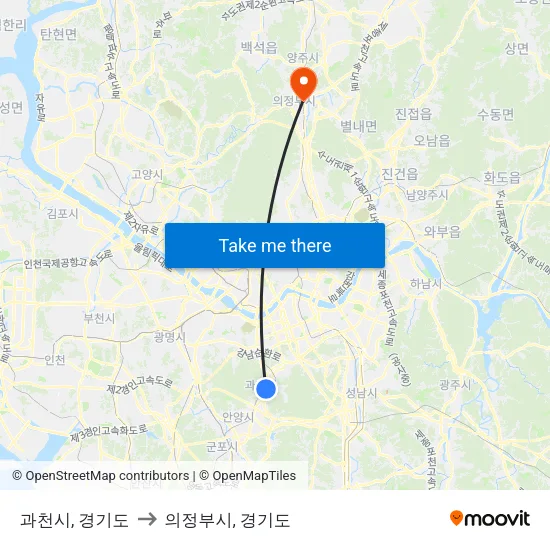 과천시, 경기도 to 의정부시, 경기도 map