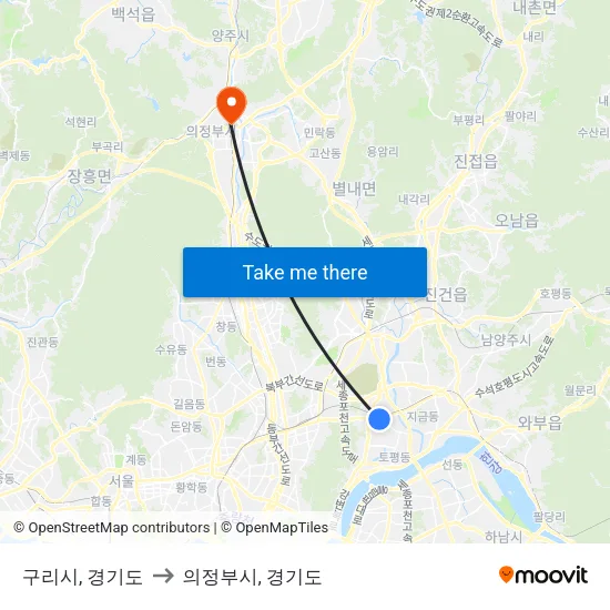 구리시, 경기도 to 의정부시, 경기도 map