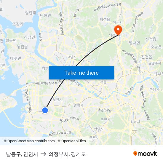 남동구, 인천시 to 의정부시, 경기도 map