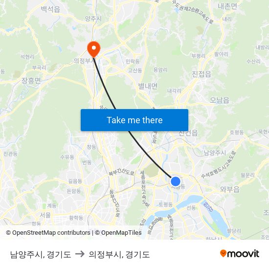 남양주시, 경기도 to 의정부시, 경기도 map