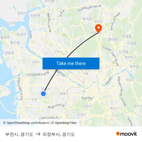 부천시, 경기도 to 의정부시, 경기도 map