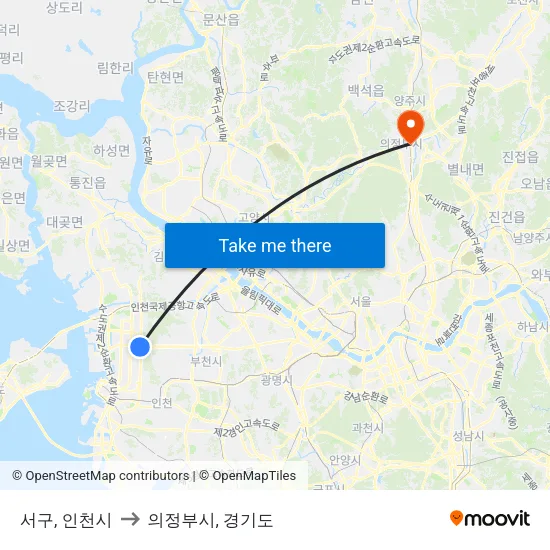 서구, 인천시 to 의정부시, 경기도 map