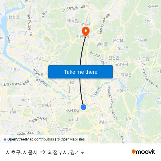 서초구, 서울시 to 의정부시, 경기도 map