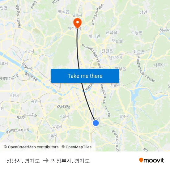 성남시, 경기도 to 의정부시, 경기도 map
