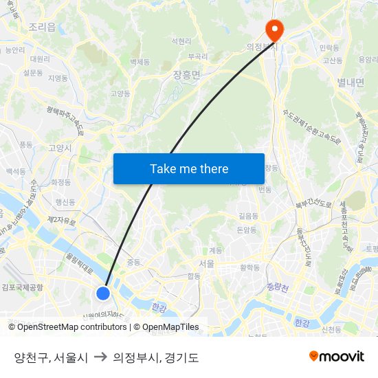 양천구, 서울시 to 의정부시, 경기도 map