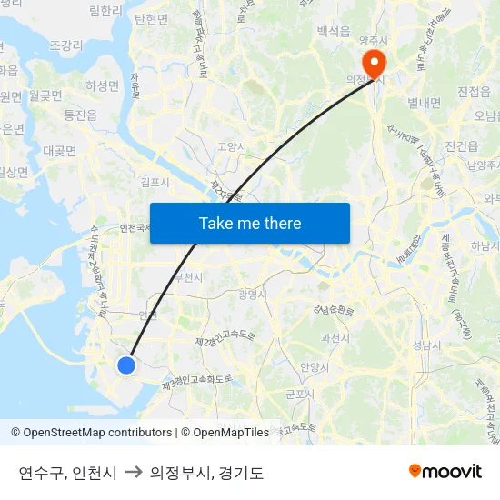 연수구, 인천시 to 의정부시, 경기도 map
