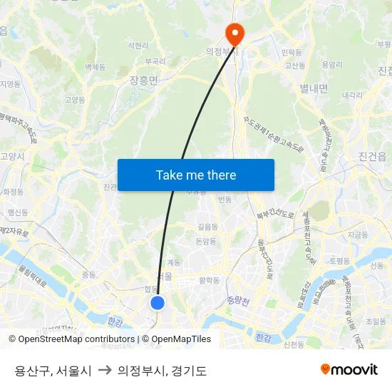 용산구, 서울시 to 의정부시, 경기도 map