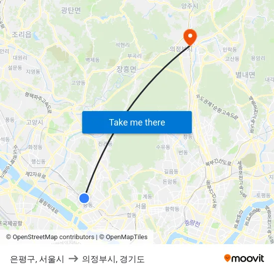 은평구, 서울시 to 의정부시, 경기도 map