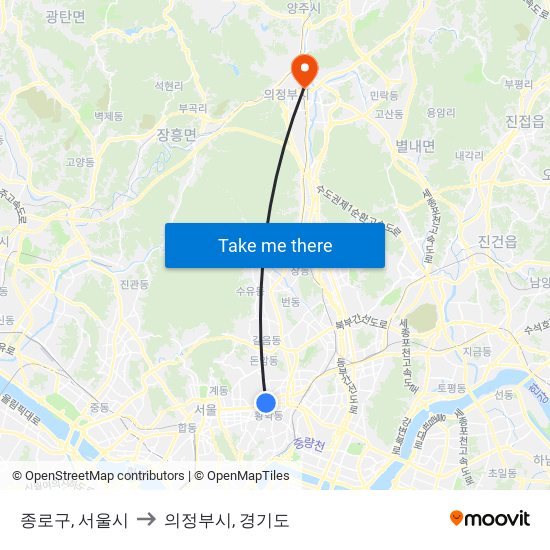 종로구, 서울시 to 의정부시, 경기도 map