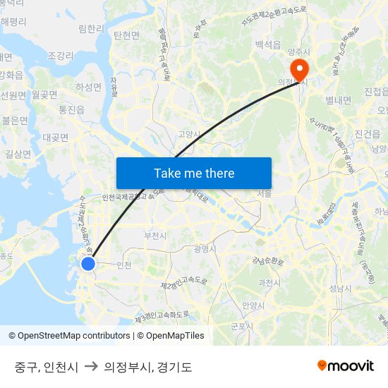 중구, 인천시 to 의정부시, 경기도 map