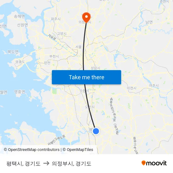 평택시, 경기도 to 의정부시, 경기도 map