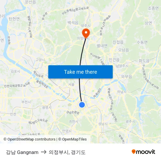 강남 Gangnam to 의정부시, 경기도 map