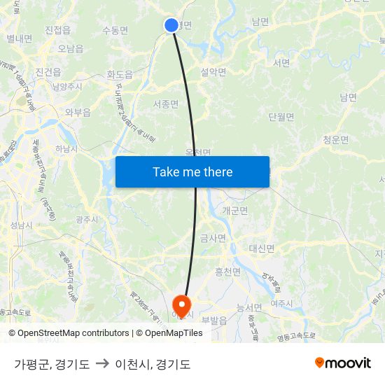 가평군, 경기도 to 이천시, 경기도 map