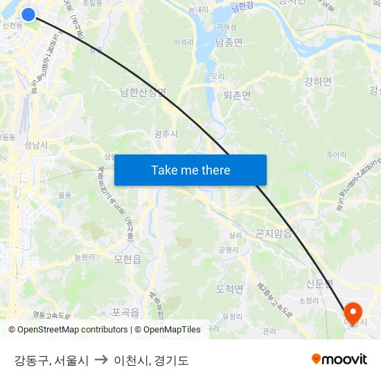 강동구, 서울시 to 이천시, 경기도 map