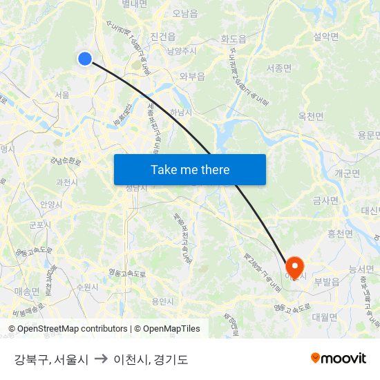 강북구, 서울시 to 이천시, 경기도 map