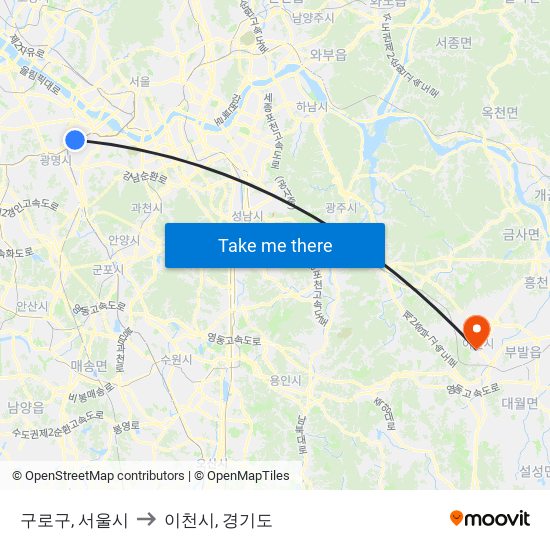 구로구, 서울시 to 이천시, 경기도 map