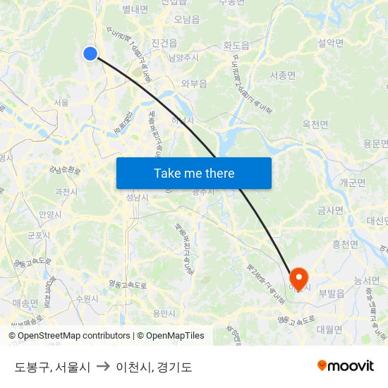 도봉구, 서울시 to 이천시, 경기도 map