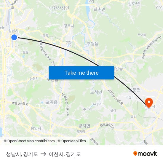 성남시, 경기도 to 이천시, 경기도 map