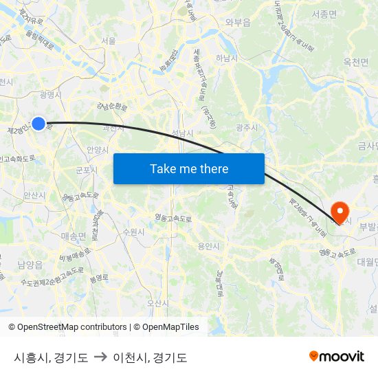 시흥시, 경기도 to 이천시, 경기도 map