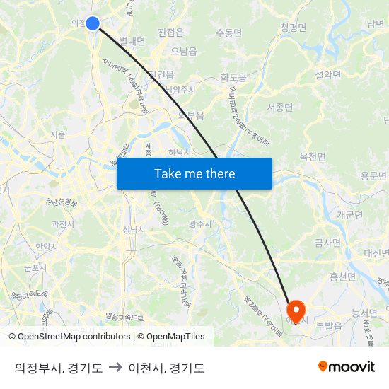 의정부시, 경기도 to 이천시, 경기도 map