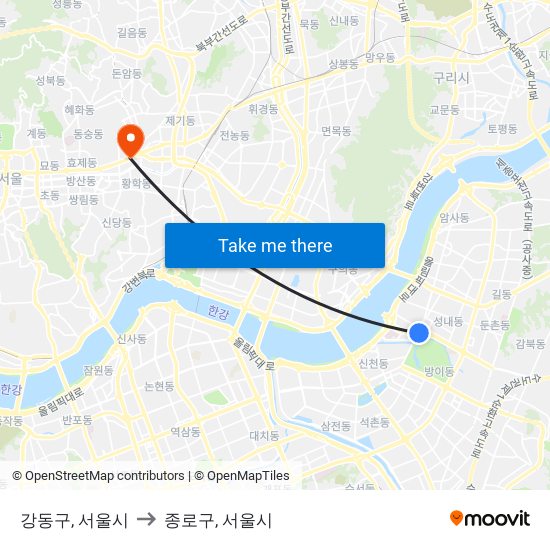 강동구, 서울시 to 종로구, 서울시 map