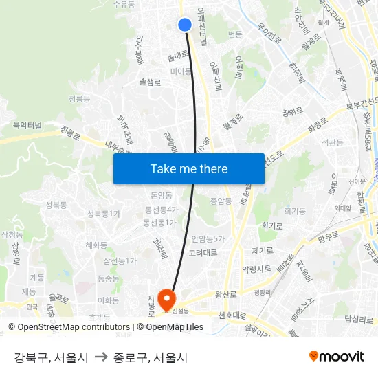 강북구, 서울시 to 종로구, 서울시 map