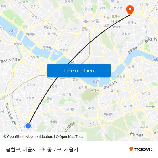 금천구, 서울시 to 종로구, 서울시 map