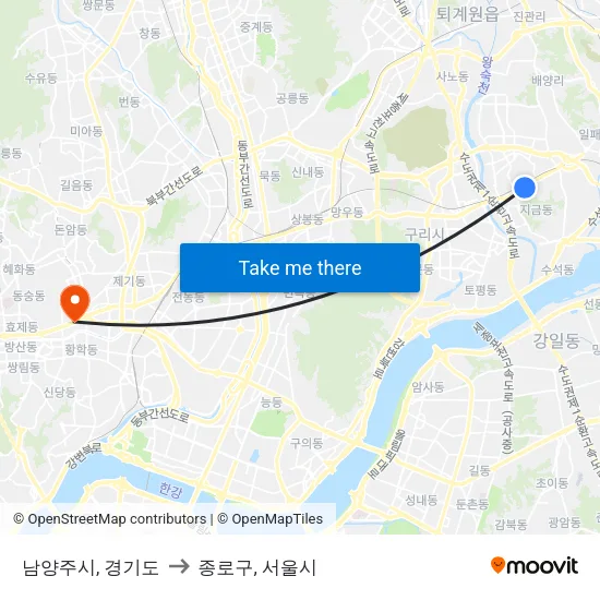 남양주시, 경기도 to 종로구, 서울시 map