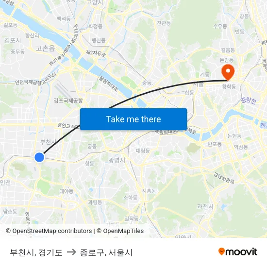 부천시, 경기도 to 종로구, 서울시 map