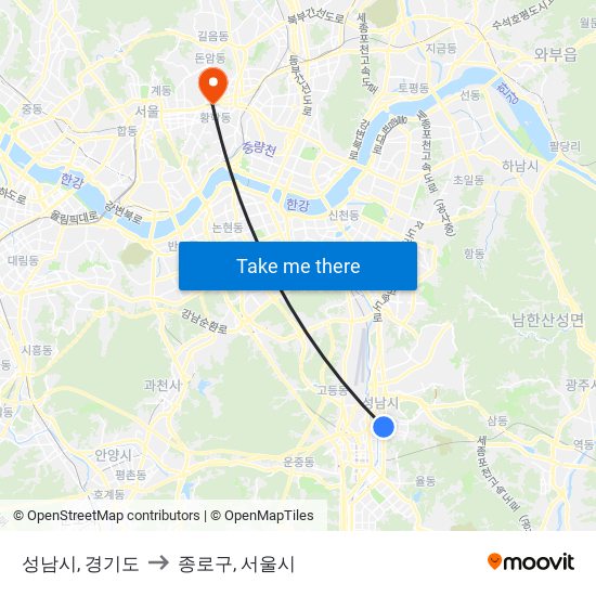 성남시, 경기도 to 종로구, 서울시 map