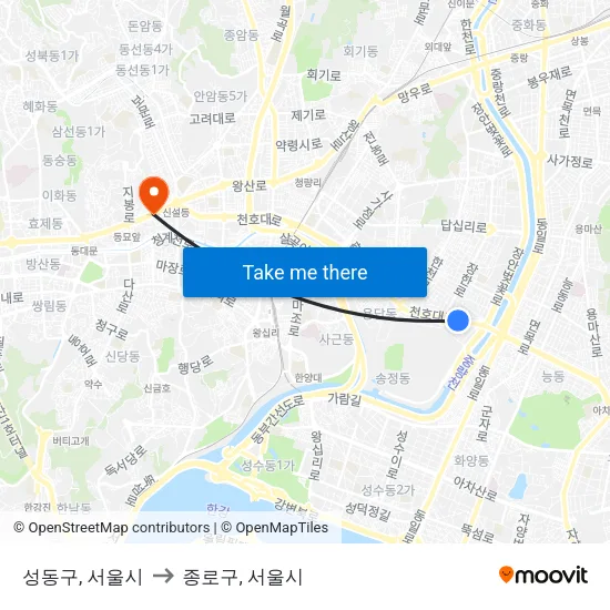 성동구, 서울시 to 종로구, 서울시 map