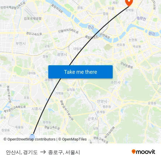 안산시, 경기도 to 종로구, 서울시 map
