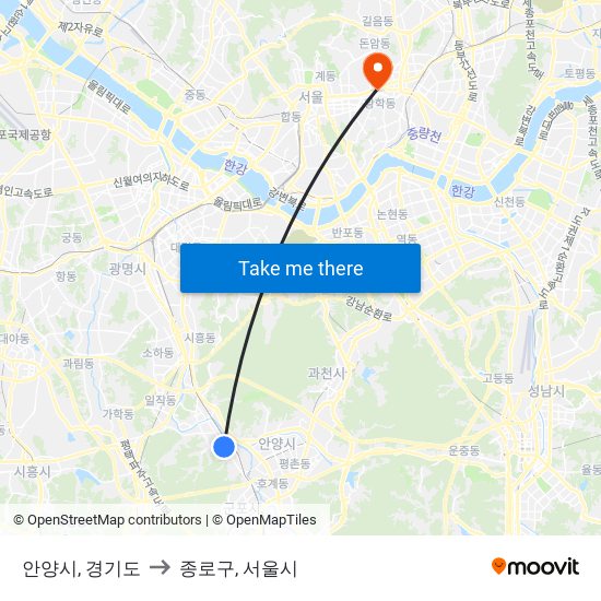 안양시, 경기도 to 종로구, 서울시 map