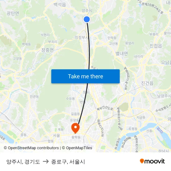 양주시, 경기도 to 종로구, 서울시 map