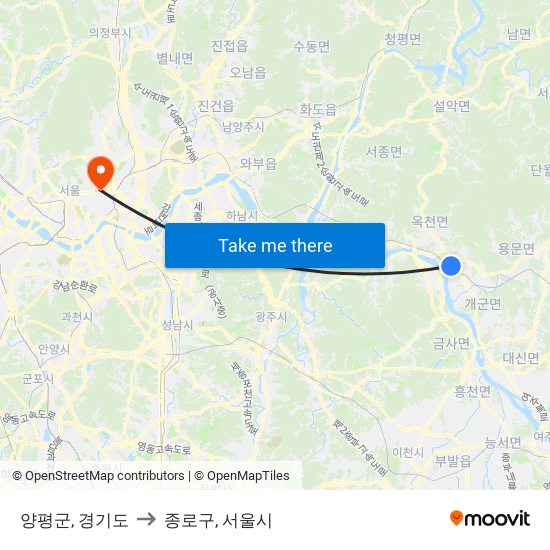 양평군, 경기도 to 종로구, 서울시 map