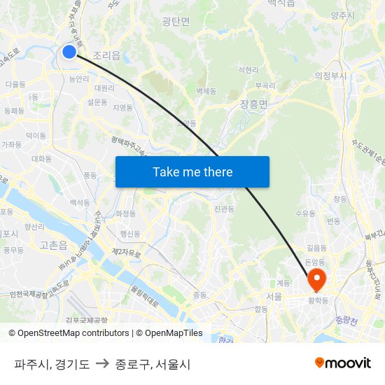 파주시, 경기도 to 종로구, 서울시 map