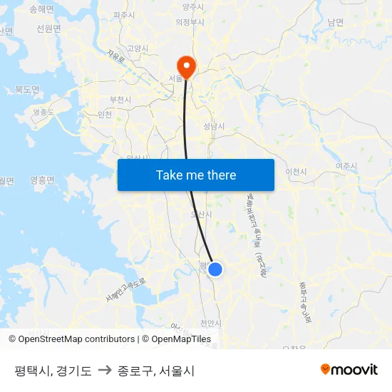 평택시, 경기도 to 종로구, 서울시 map
