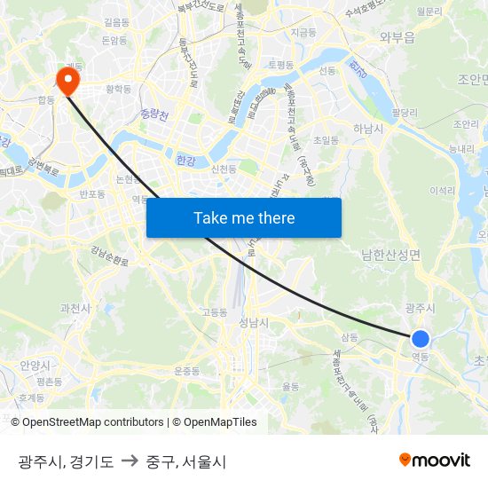 광주시, 경기도 to 중구, 서울시 map