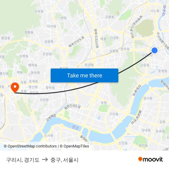 구리시, 경기도 to 중구, 서울시 map