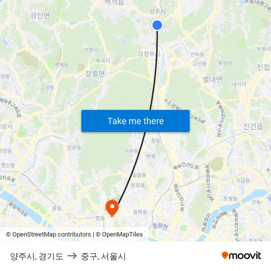 양주시, 경기도 to 중구, 서울시 map