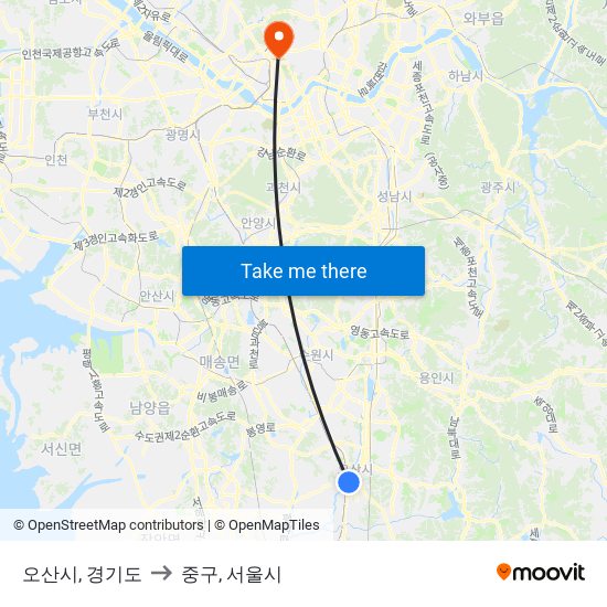 오산시, 경기도 to 중구, 서울시 map