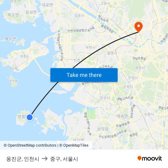 옹진군, 인천시 to 중구, 서울시 map