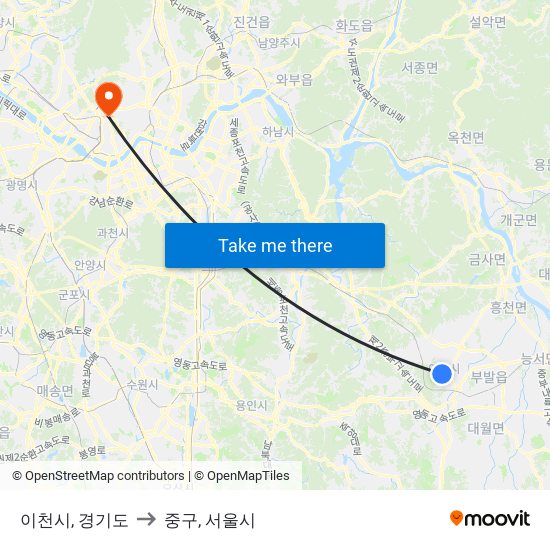 이천시, 경기도 to 중구, 서울시 map