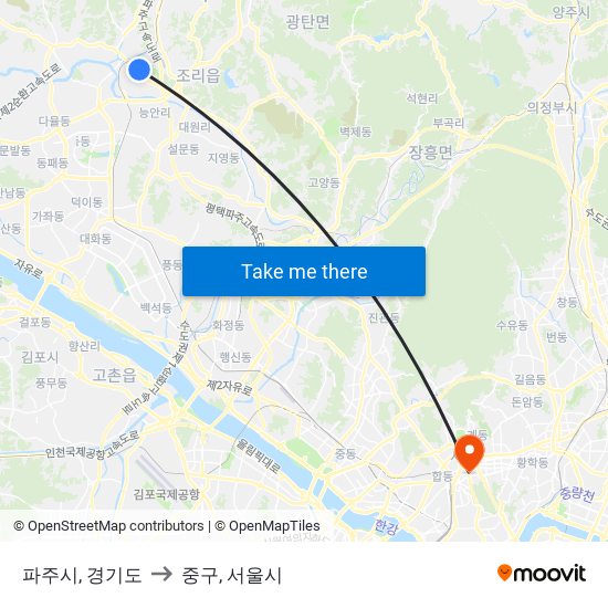파주시, 경기도 to 중구, 서울시 map