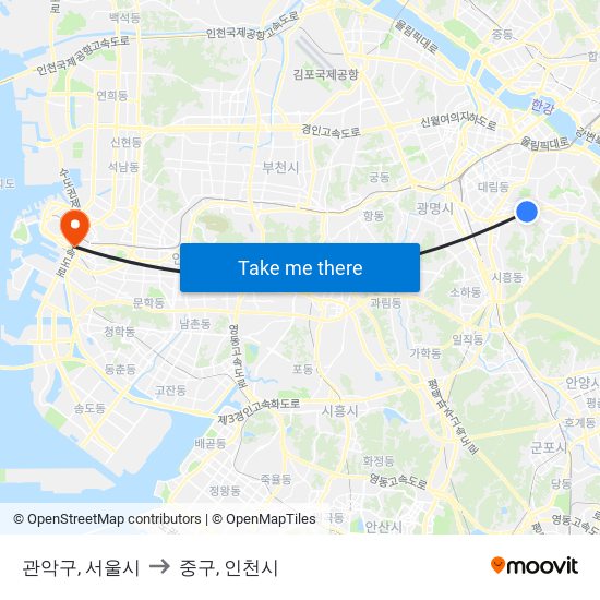 관악구, 서울시 to 중구, 인천시 map