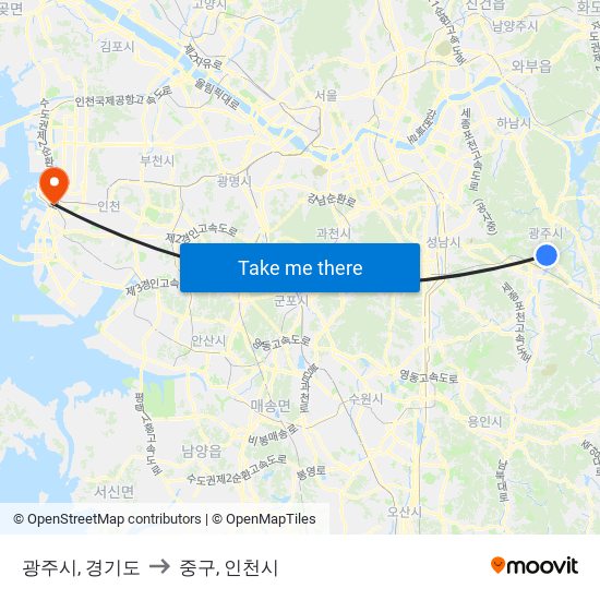 광주시, 경기도 to 중구, 인천시 map