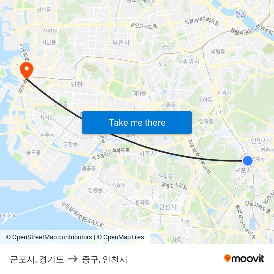 군포시, 경기도 to 중구, 인천시 map