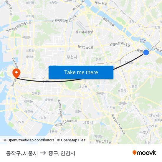 동작구, 서울시 to 중구, 인천시 map