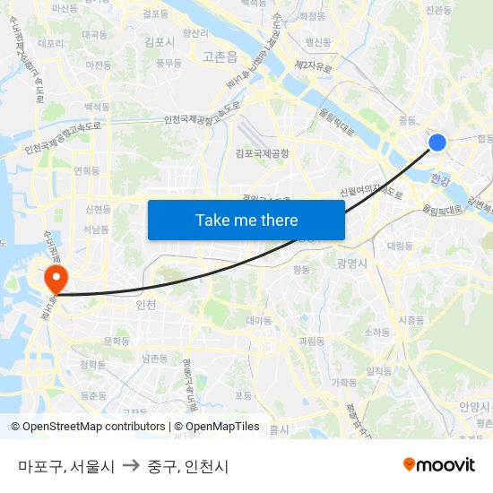 마포구, 서울시 to 중구, 인천시 map